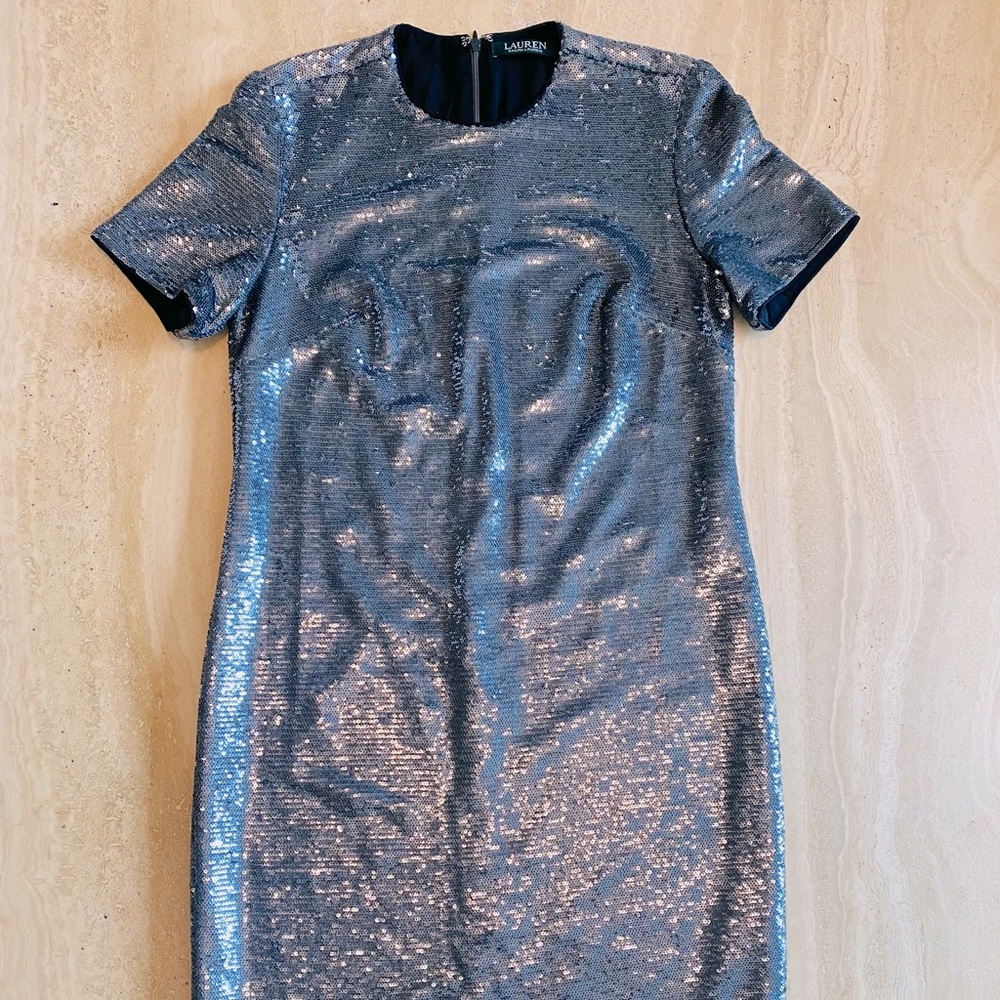 Ralph Lauren sequins dress in silver/gray color. Stretch fabric. Sz 2-4.